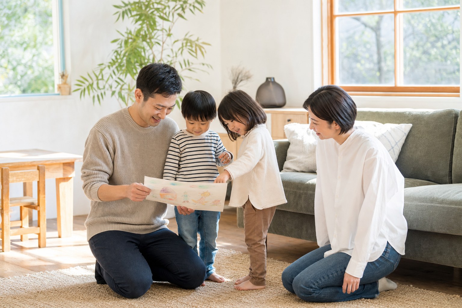 Parents and young children looking at a child's drawing in their living room