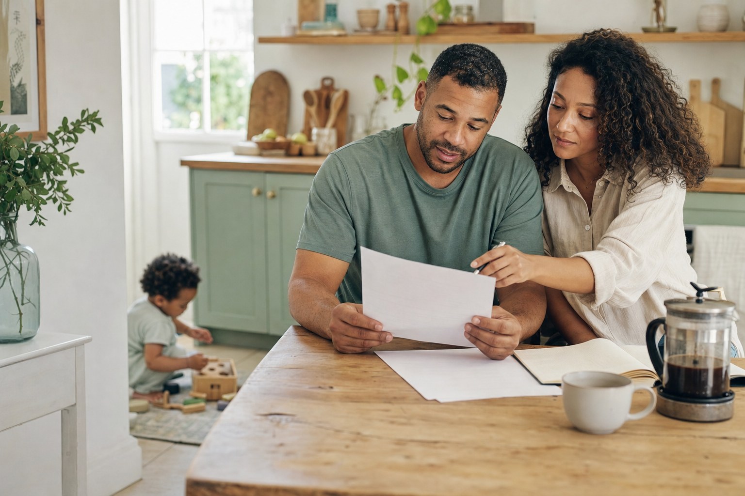 Parents reviewing their household plan at home while their child plays nearby