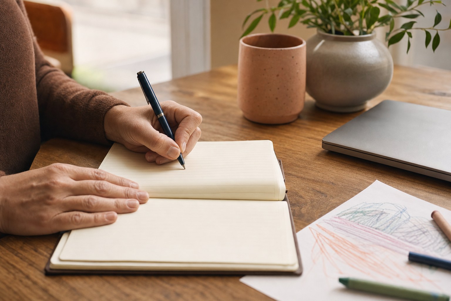 Parent making notes about a family financial plan at a warm home desk