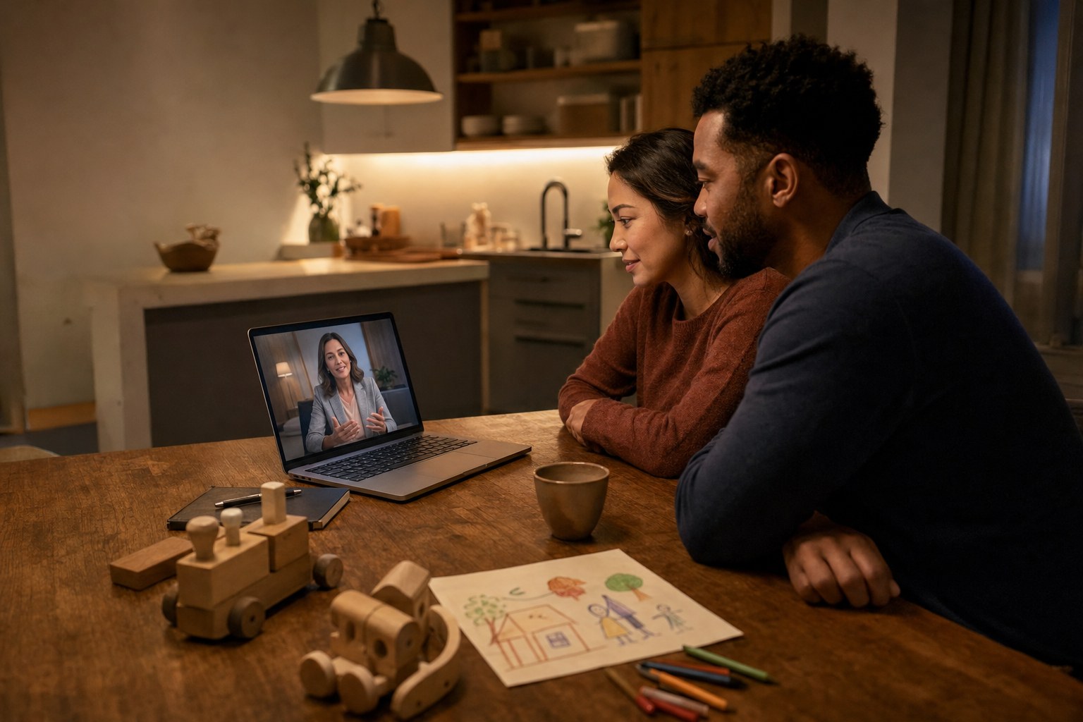 Parents meeting with a financial planner by video from their kitchen