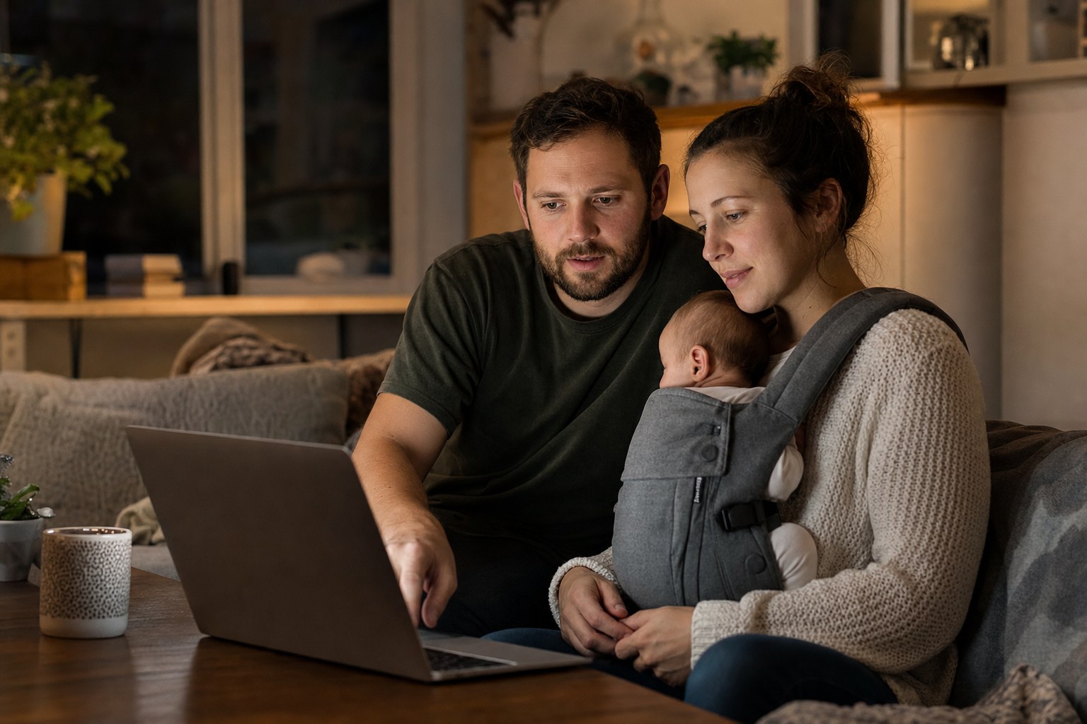 New parents with a baby in a carrier looking at a laptop together