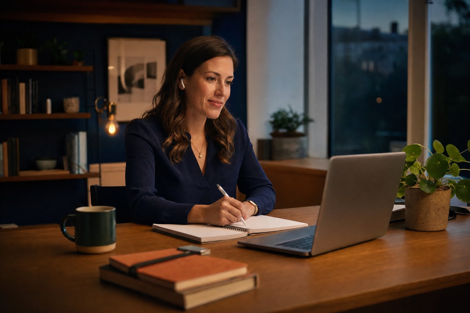 Financial planner preparing for a video meeting in a calm evening office