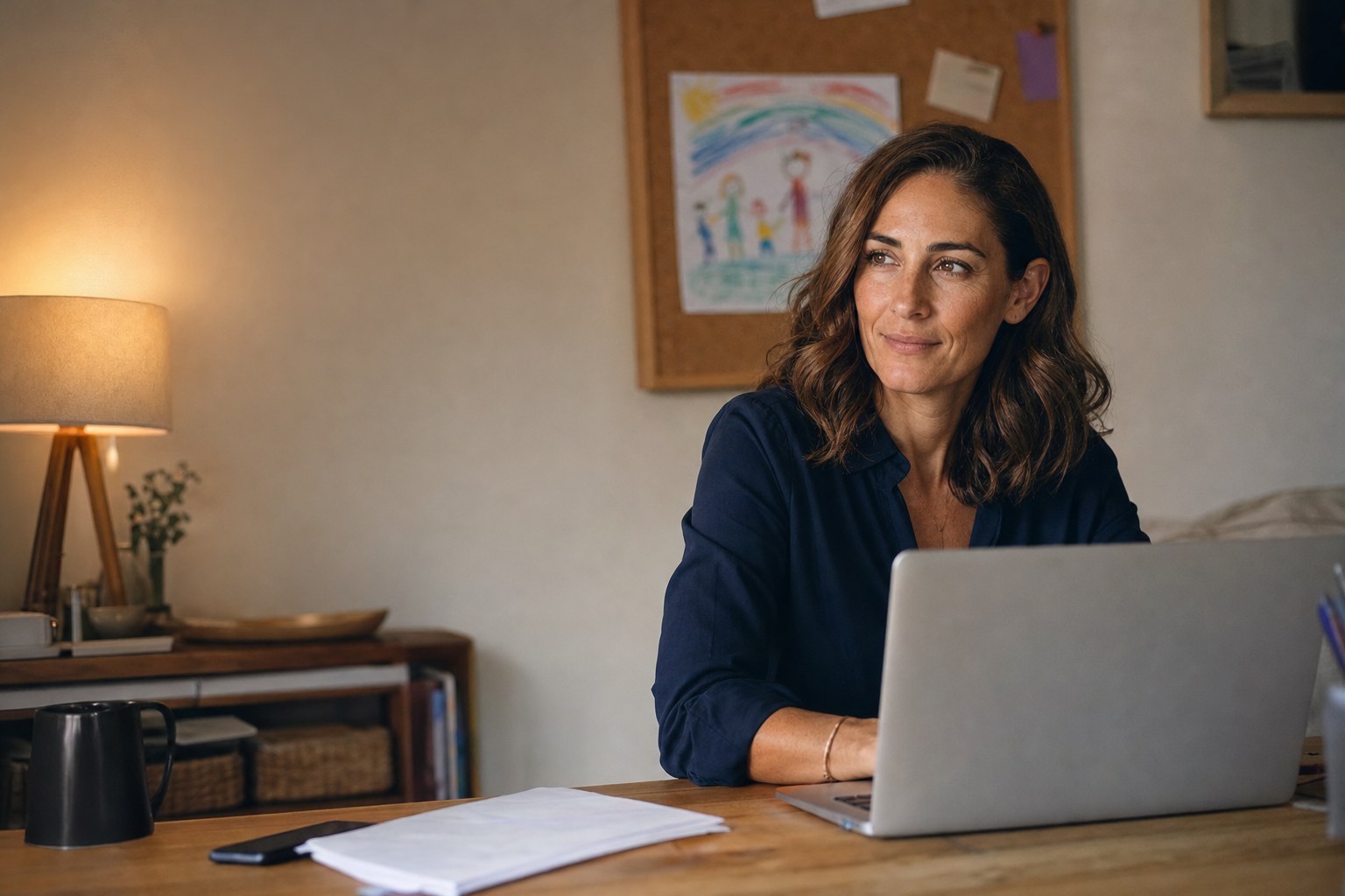 Tessa Quillby working at a home-office desk with a child's drawing behind her