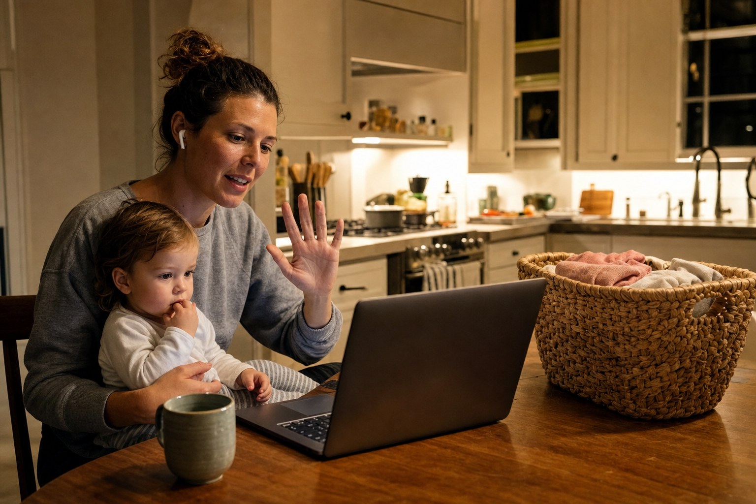 Parent on a video call at a kitchen table with a toddler and laundry basket